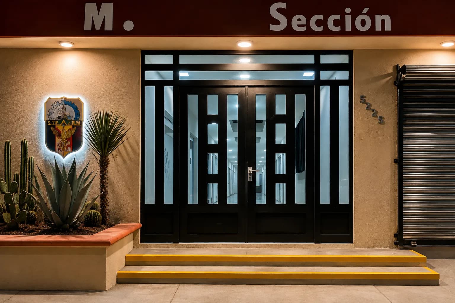 Acceso principal terminado, con cancelería, escudo iluminado y jardinera