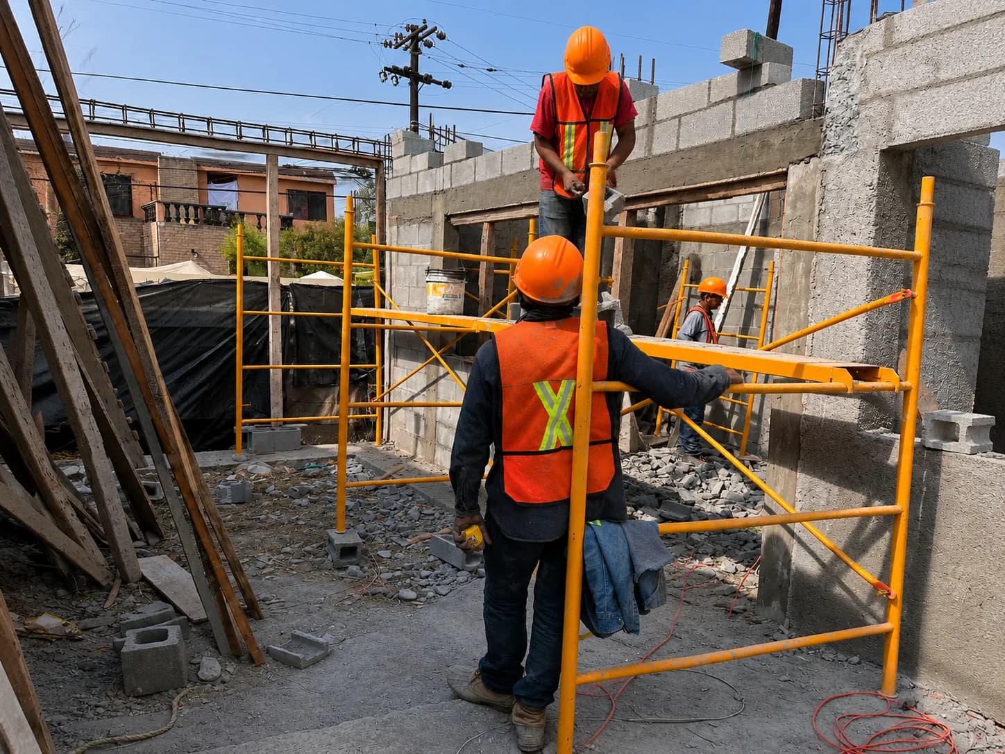 Trabajador sobre andamio levantando muro de block en obra