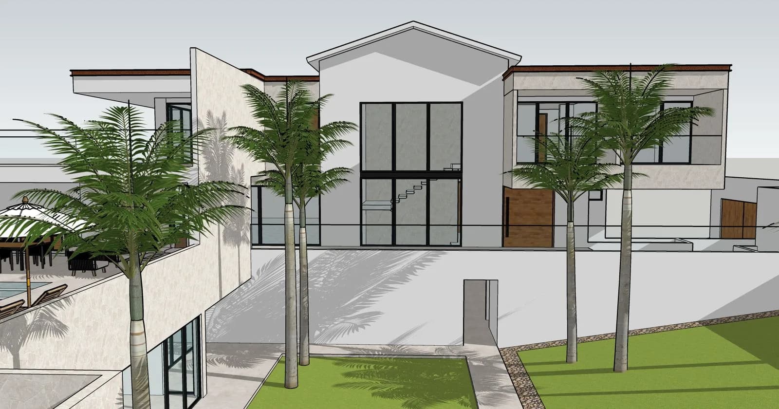 Fachada principal del anteproyecto, con doble altura y palmeras