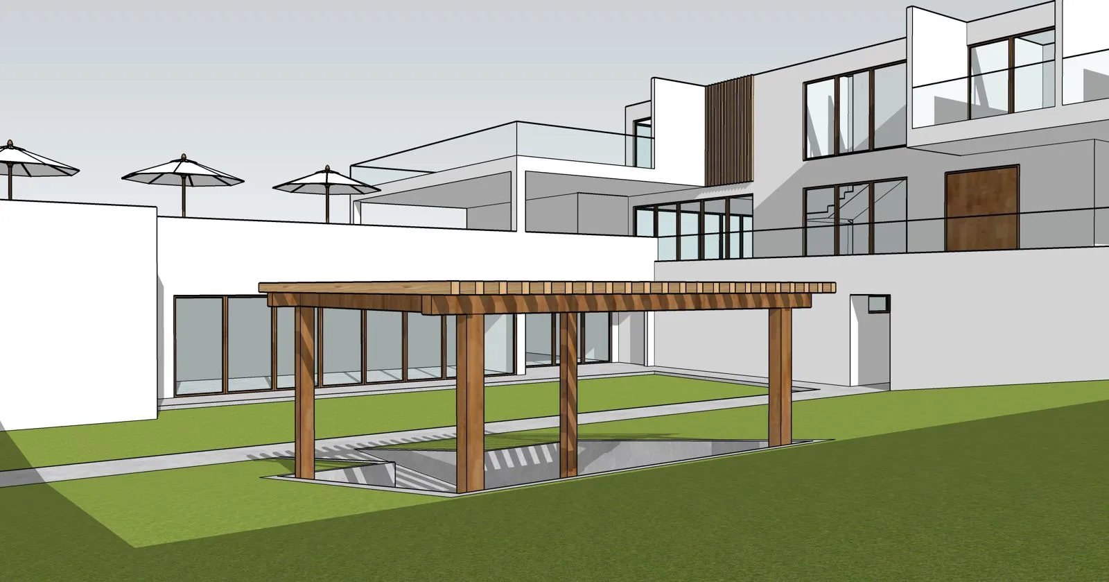 Pérgola de madera sobre la terraza que da al jardín