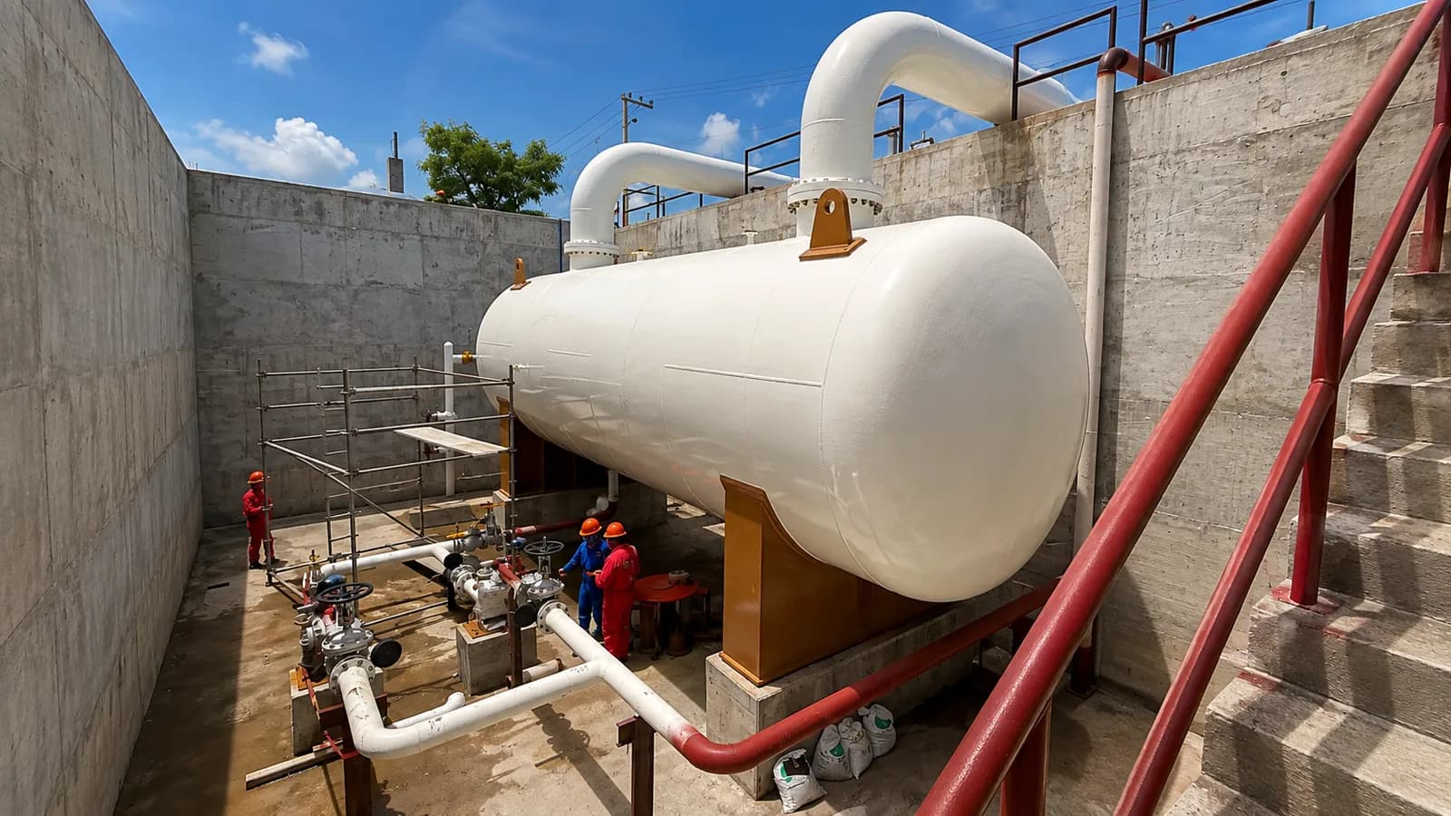 Tanque horizontal y líneas de conducción instalados en área confinada